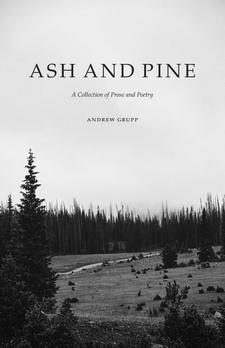 Cover of Ash and Pine: A Collection of Prose and Poetry by Andrew Grupp. A black-and-white photograph of spruce and beetle-killed snags in fog along a mountain meadow road.